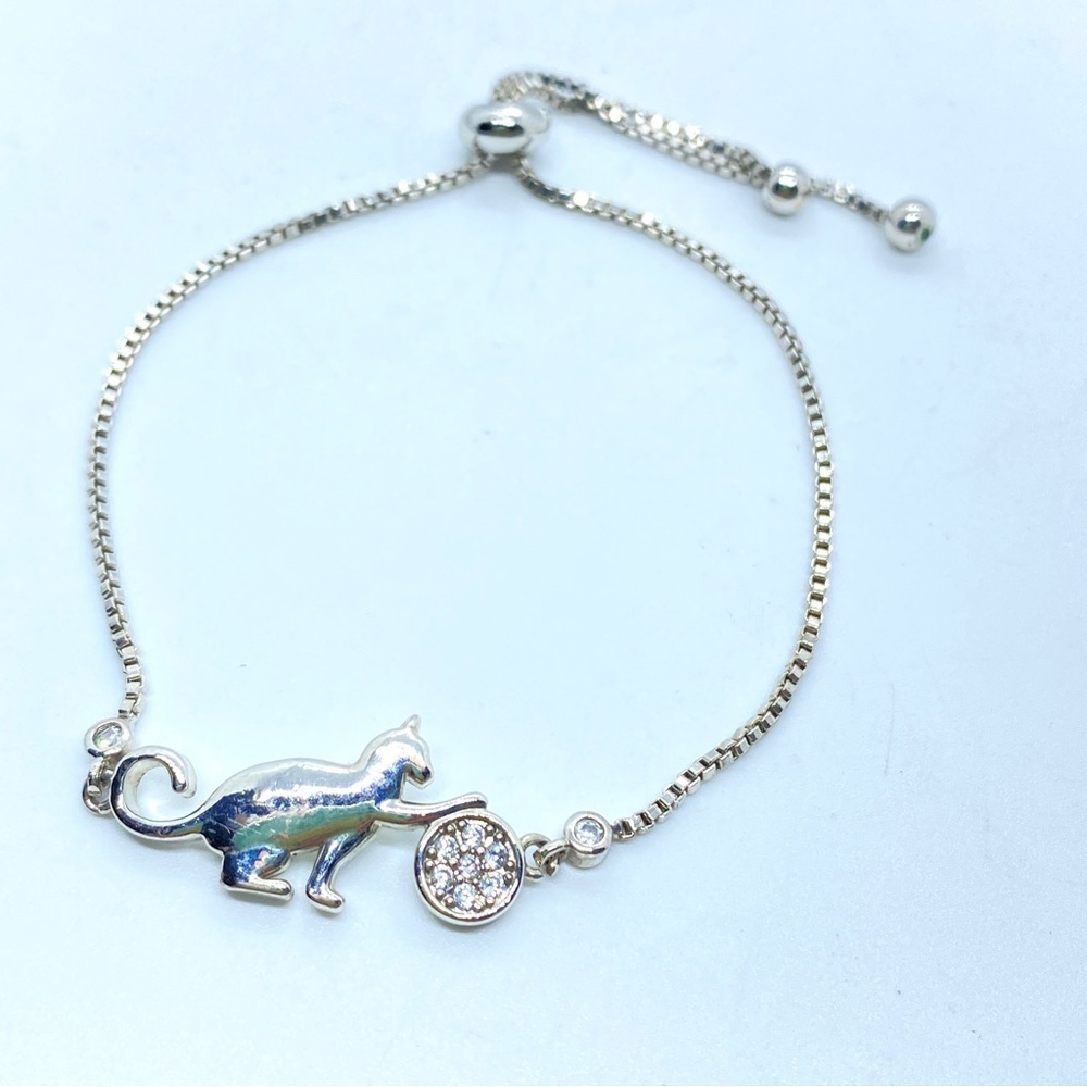 Cat Slider Bracelet Silver Tone Stainless Steel Cat with Rhinestone Yarn Ball